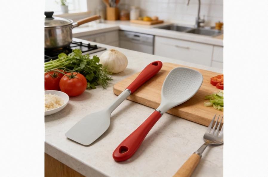 1pcs Cooking Spoon and Scraper for Nonstick Cookwares, Great for Cooking and Serving Durable BPA-Free Matte Silicone, Silicone Handle Multifunction Spoon for Mixing, Scoop, and Scrape (Red) product image