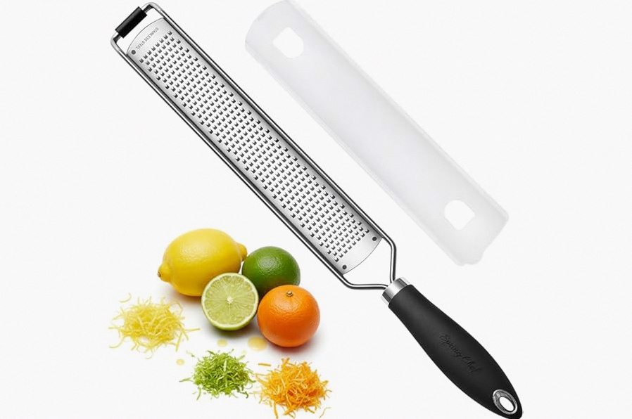 Spring Chef Stainless Steel Lemon Zester Grater with Handle - Garlic, Cheese, Parmesan, Nutmeg, Lime, Ginger Grater - Heavy Duty Kitchen Tool - Citrus Zester with Blade Cover - Fine Shred - Black product image