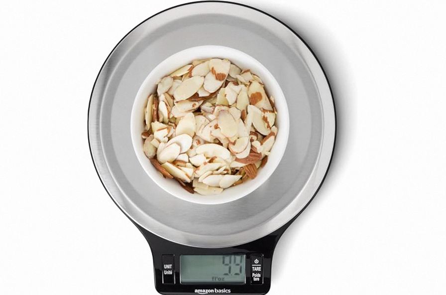 Amazon Basics Digital Kitchen Scale with LCD Display, Tare Function, Multiple Units, Weighs up to 11 Pounds, Batteries Included, Black and Stainless Steel product image