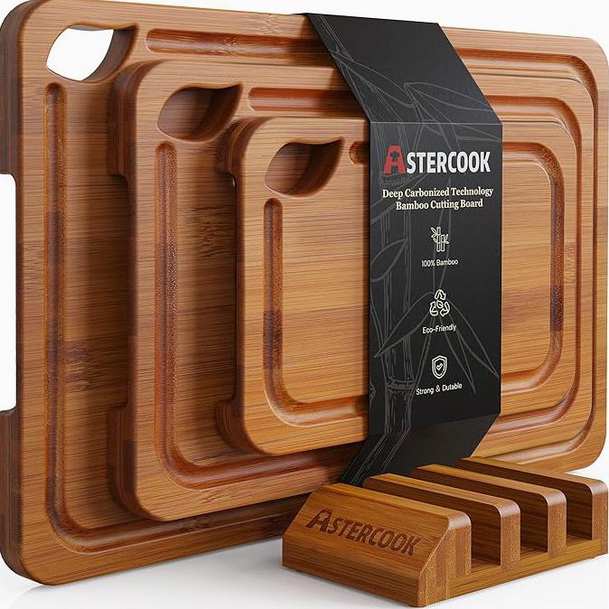 Astercook Deep-Carbonized Bamboo Cutting Boards for Kitchen with Wood Storage Stand, Reversible Charcuterie & Chopping Boards with Juice Grooves and Easy-Grip Handles, Knife-Friendly, Kitchen Gift product image