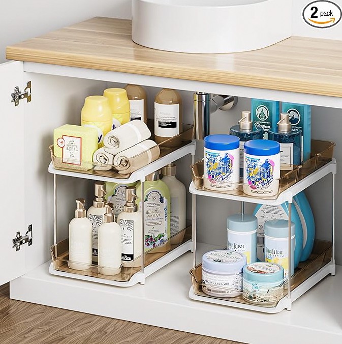 Delamu 2-Tier Multi-Purpose Bathroom Under Sink Organizers and Storage, Stackable Kitchen Pantry Organization, Pull Out Medicine Cabinet Organizer with Movable Dividers, Amber, 2 Pack product image