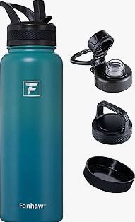 Fanhaw 40 oz Insulated Water Bottle – Stainless Steel Flask with 3 Lids (Straw, Spout, Carabiner) | Durable, Leakproof, for Hiking, Camping, Outdoor Adventures & Travel (Green Blue) product image